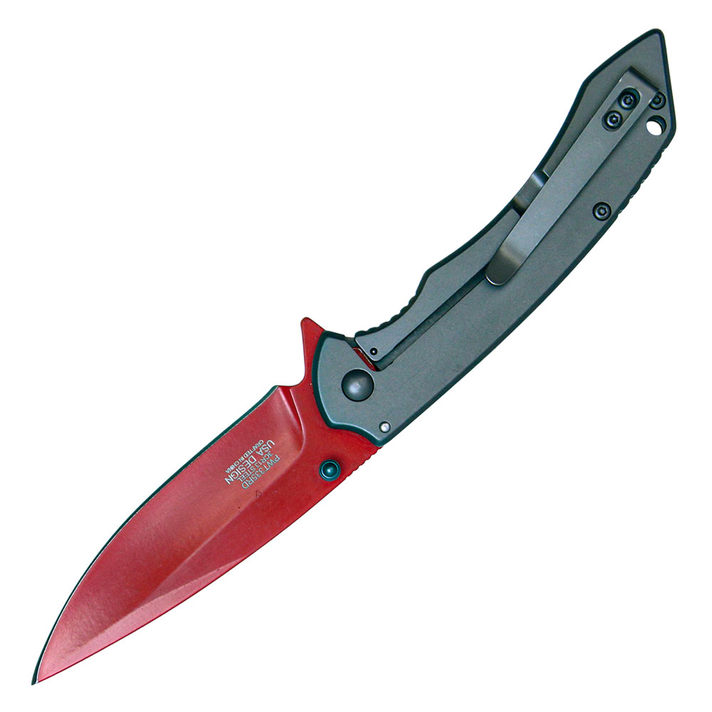 Assisted Open Folding Pocket Knife with Grey handle and Red Blade view 2